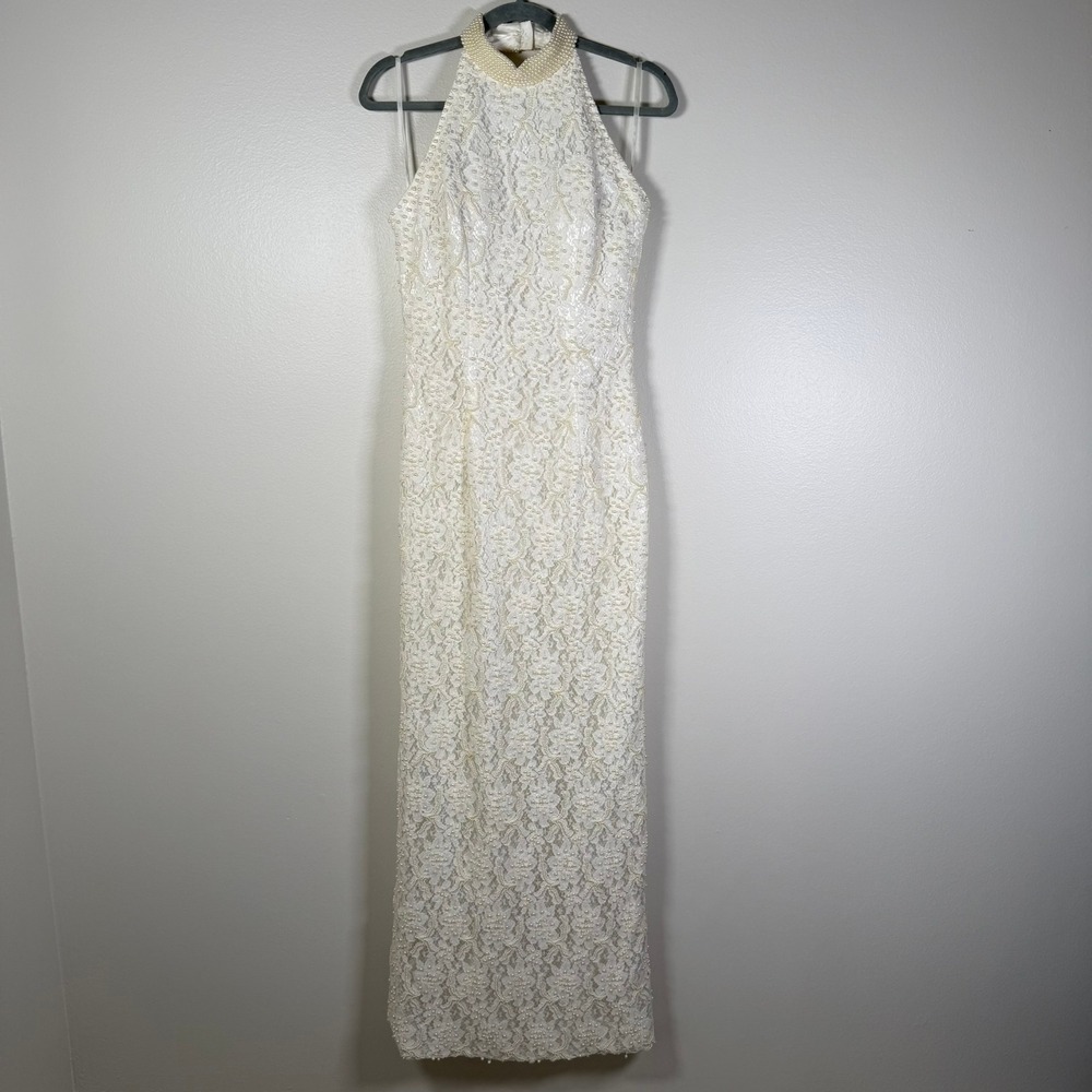 St. Tropez Lace Gown Wedding 8 Ivory Pearl Halter Sequin Formal Dress